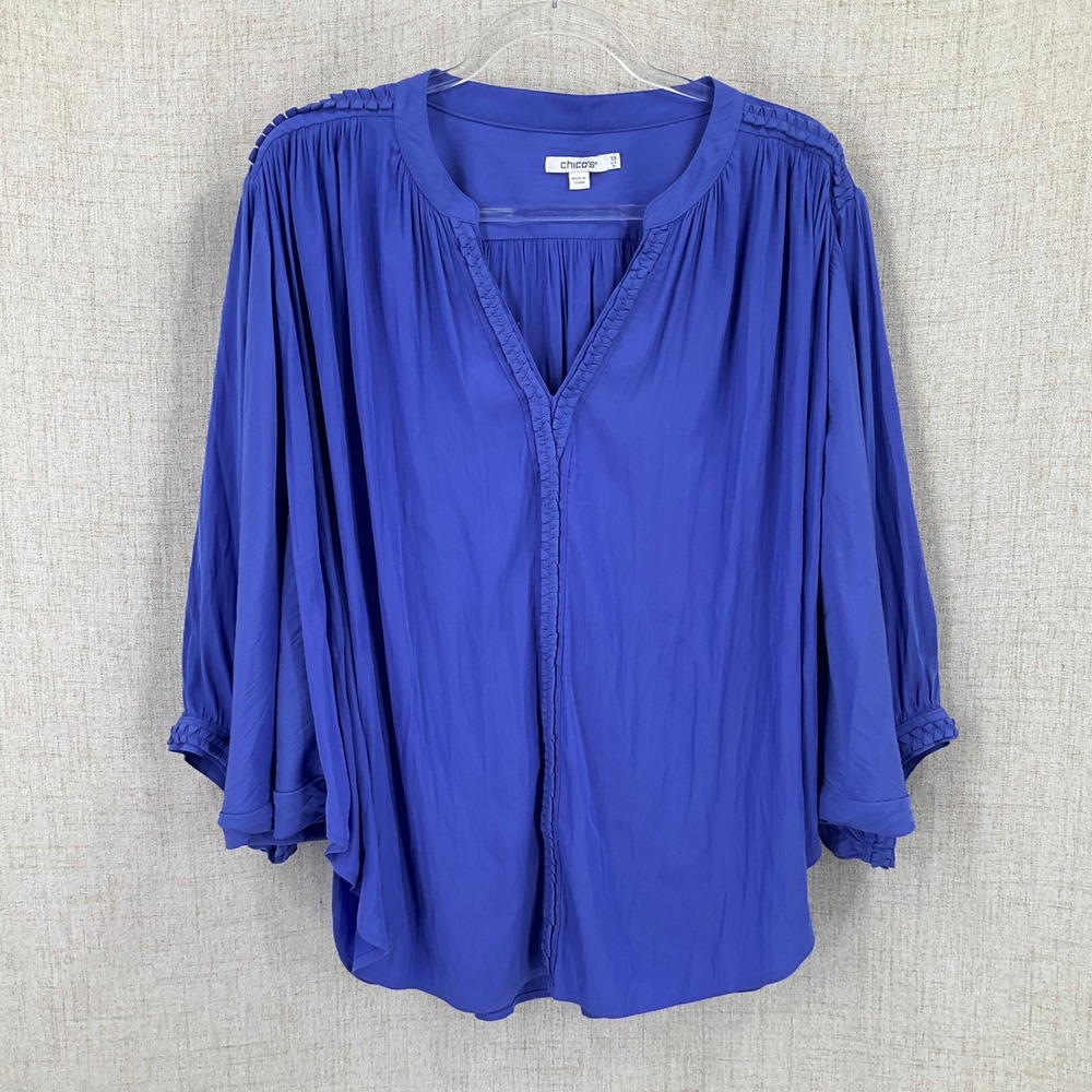 Chico's Blouse Women XL Blue Dolman Sleeve Braided Trim Oversized Classic Boho